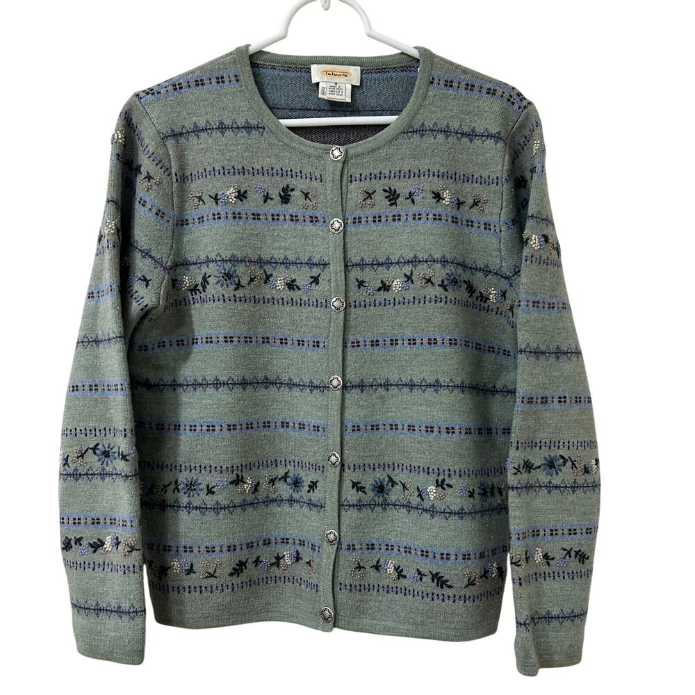 Talbots Vtg Womens Sz Small Blue Flower Embroidered 100% Wool Cardigan Sweater